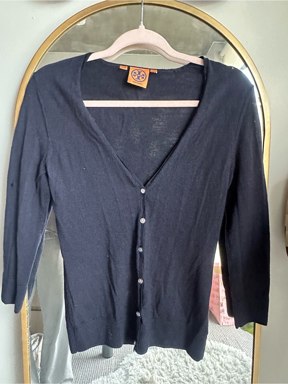 Tory Burch Navy Blue V-Neck Button-Front Sweater